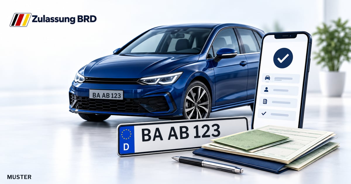 Online Fahrzeugzulassung in Hirschaid: Musterkennzeichen BA AB 123, Auto und Fahrzeugpapiere und Smartphone. Illustration mit Logo von Zulassung BRD.